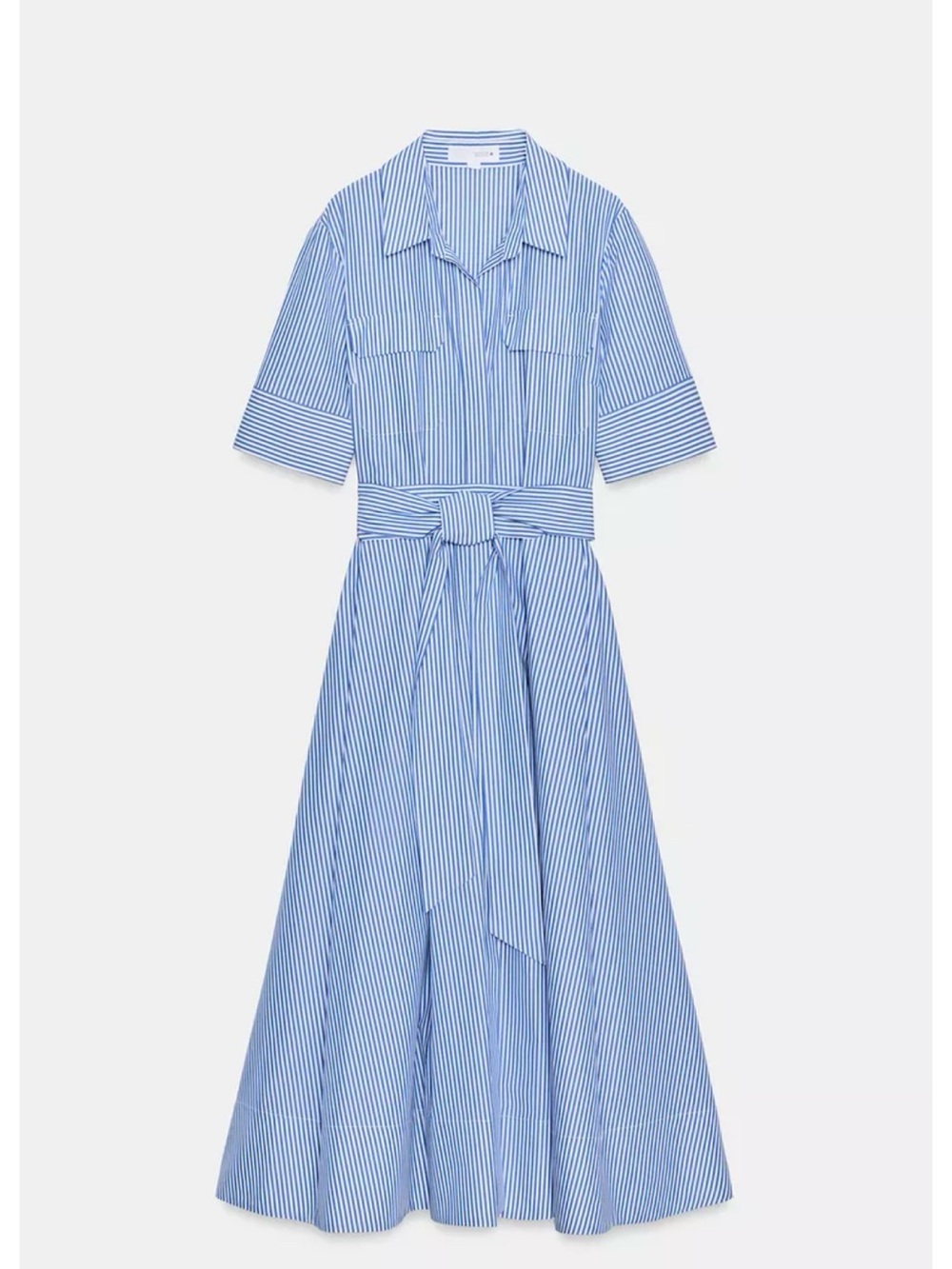 Zara Blue and White Striped Midi Shirt Dress with Waist Tie